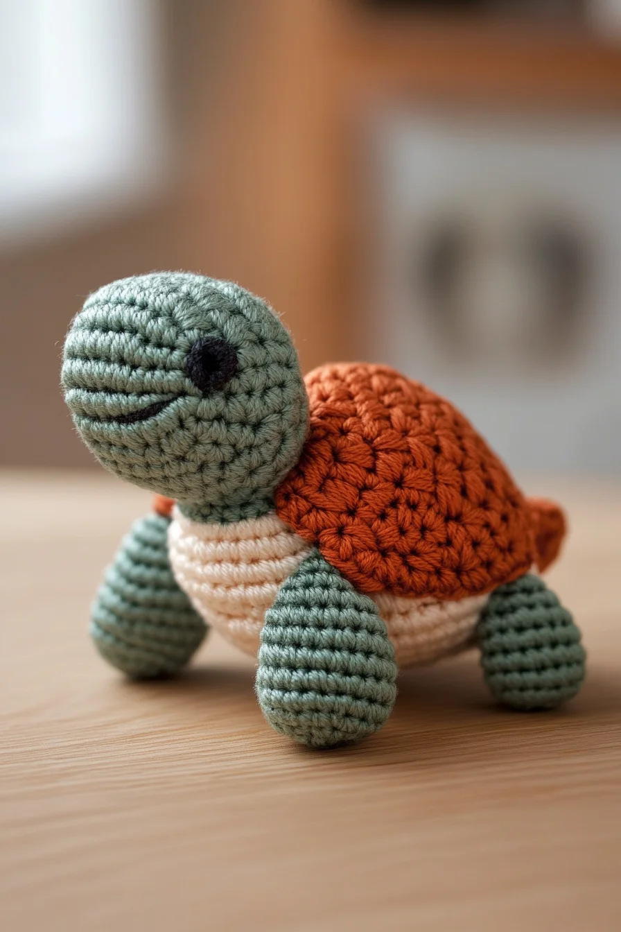Handmade amigurumi crochet turtle in green and beige yarn, featuring cute kawaii design, perfect for beginner crochet pattern