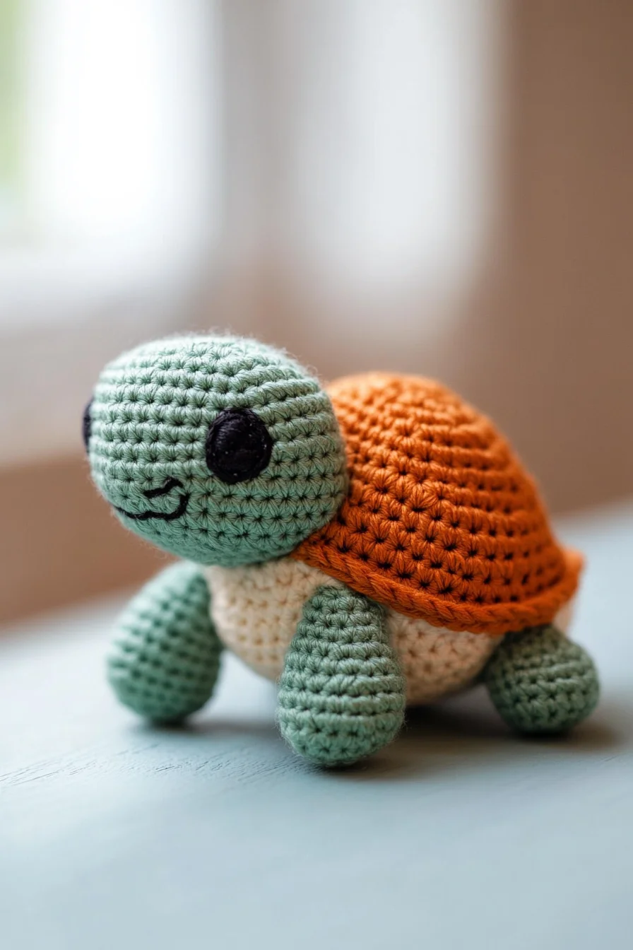 Handmade crochet amigurumi turtle in green and beige yarn, featuring cute kawaii design, on white background