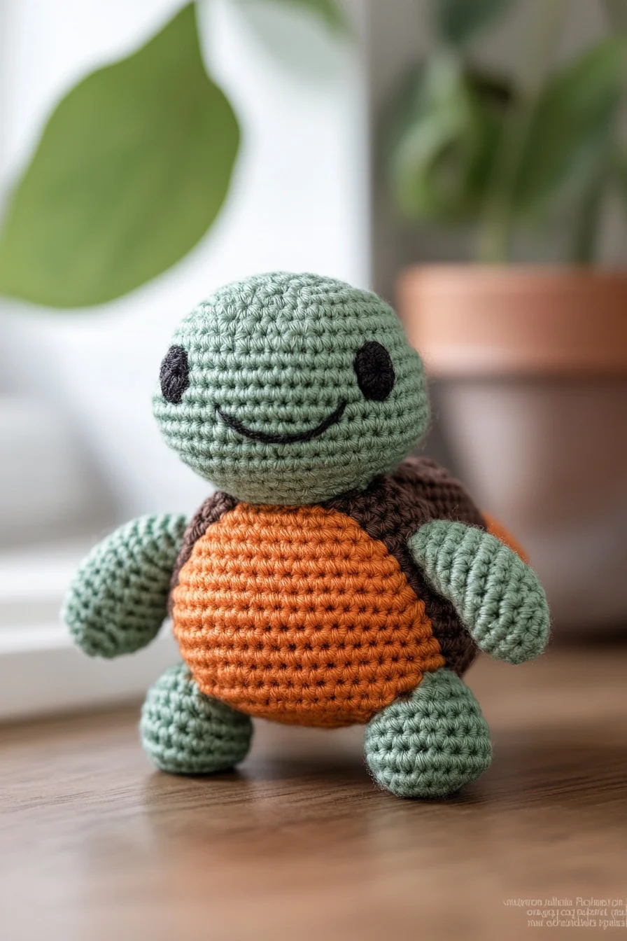 Handmade crochet amigurumi turtle in green and brown yarn, featuring a cute kawaii design on a white background