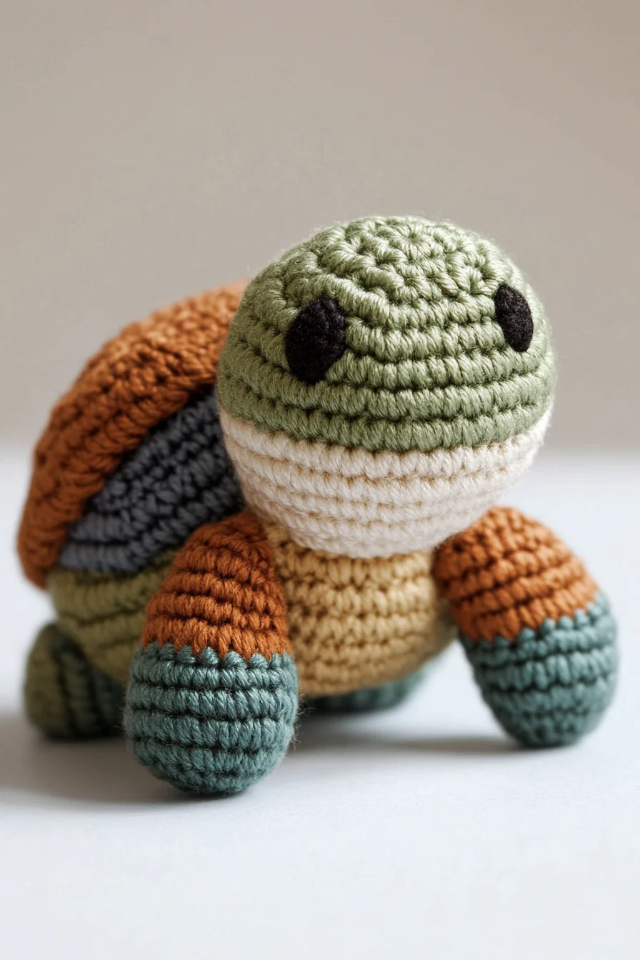 Cute crochet amigurumi turtle in green and beige yarn with smiling face, handmade toy on white background