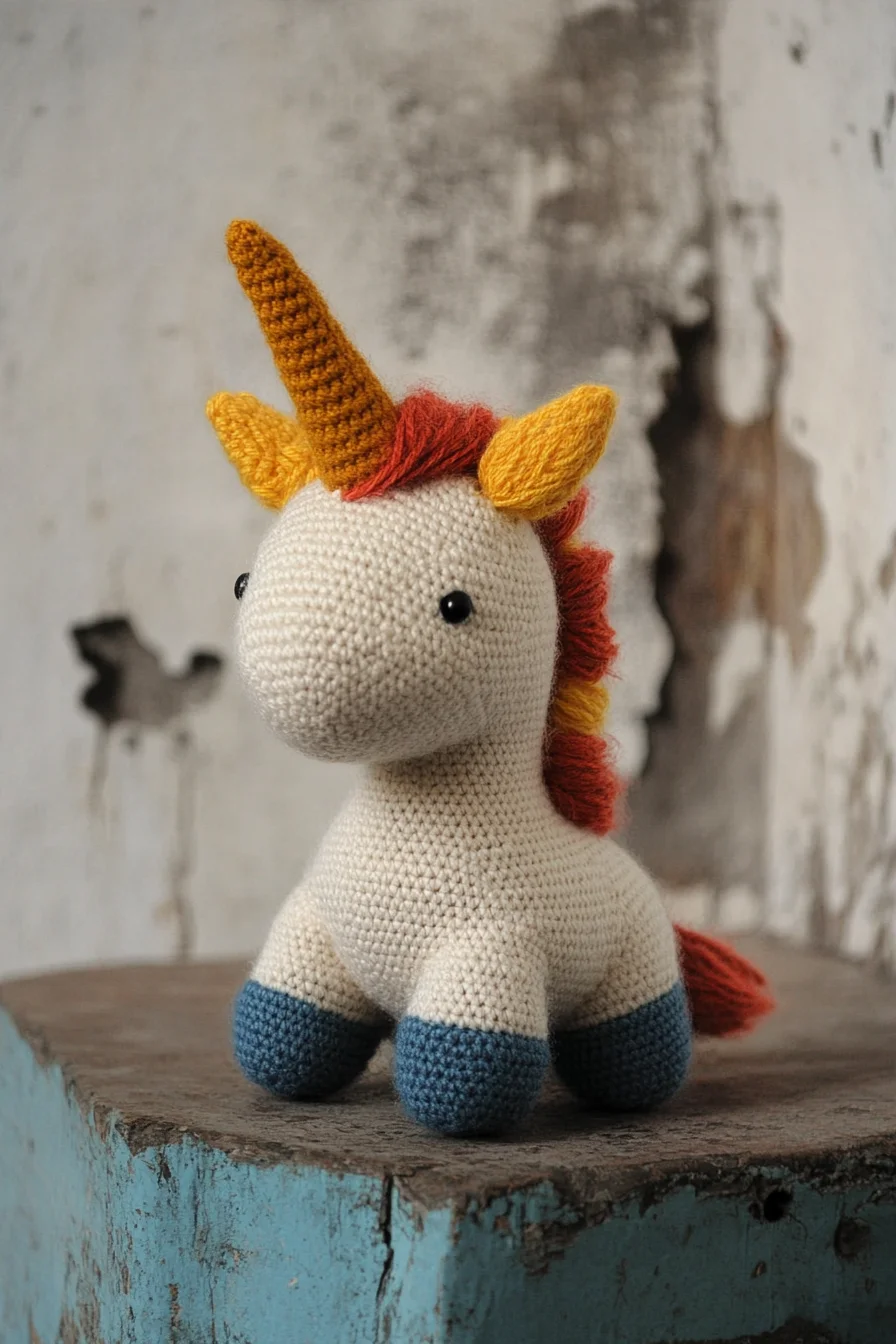Handmade crochet amigurumi unicorn plushie with pastel rainbow mane, kawaii eyes, and golden horn