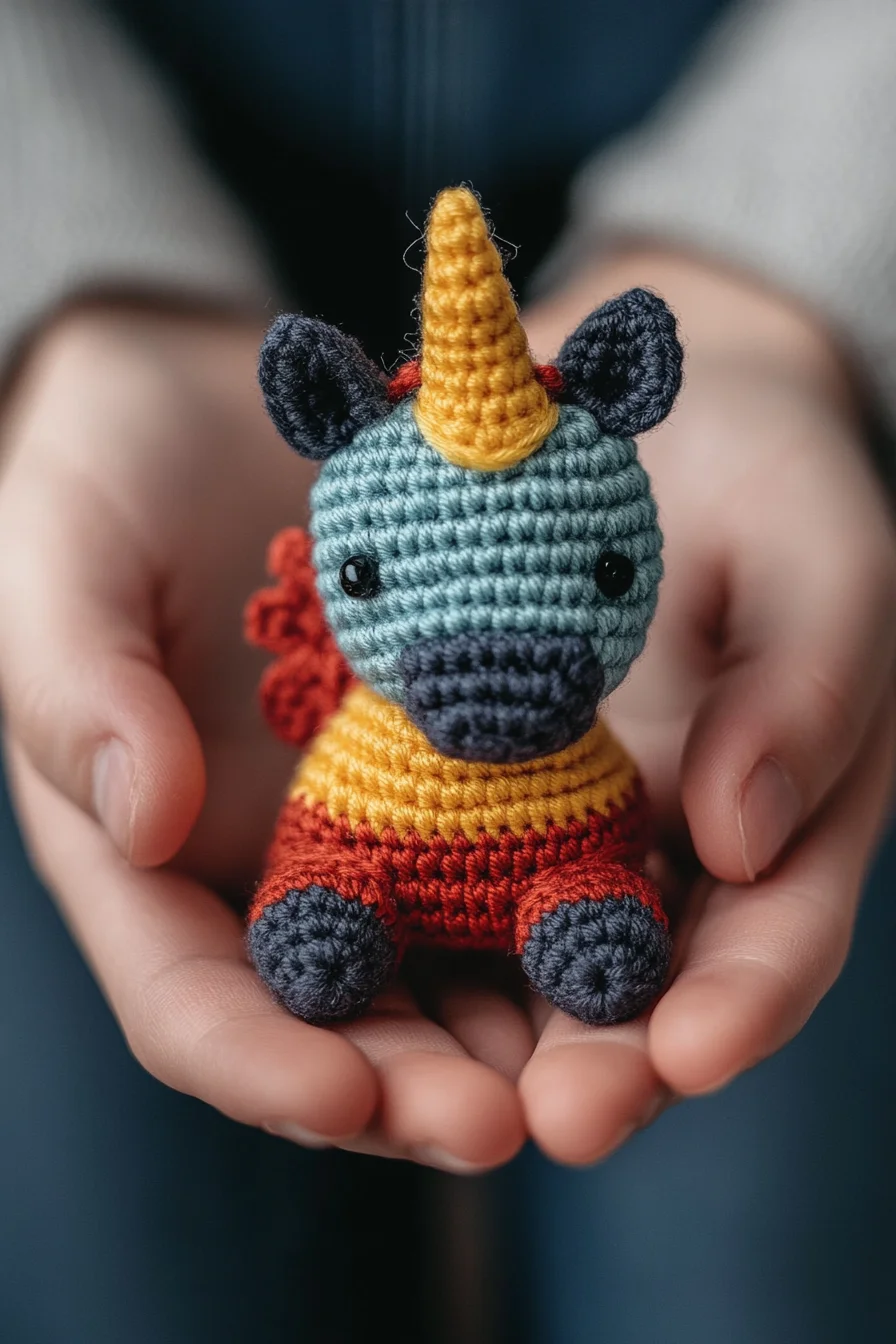 Handmade crochet unicorn amigurumi with pastel rainbow mane and horn, cute kawaii amigurumi toy pattern