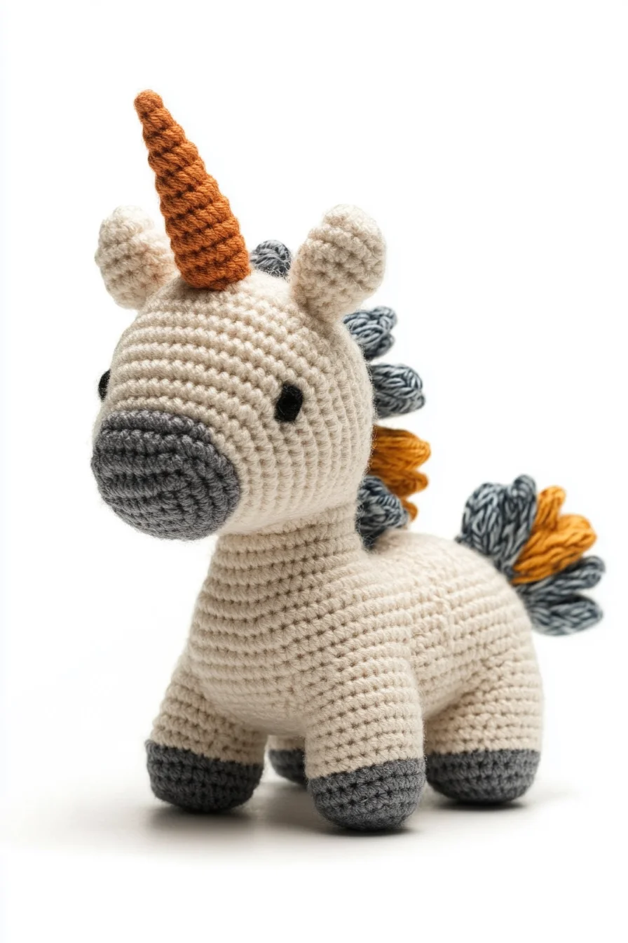 Handmade crochet amigurumi unicorn in white with pastel rainbow mane, kawaii design, cute toy pattern