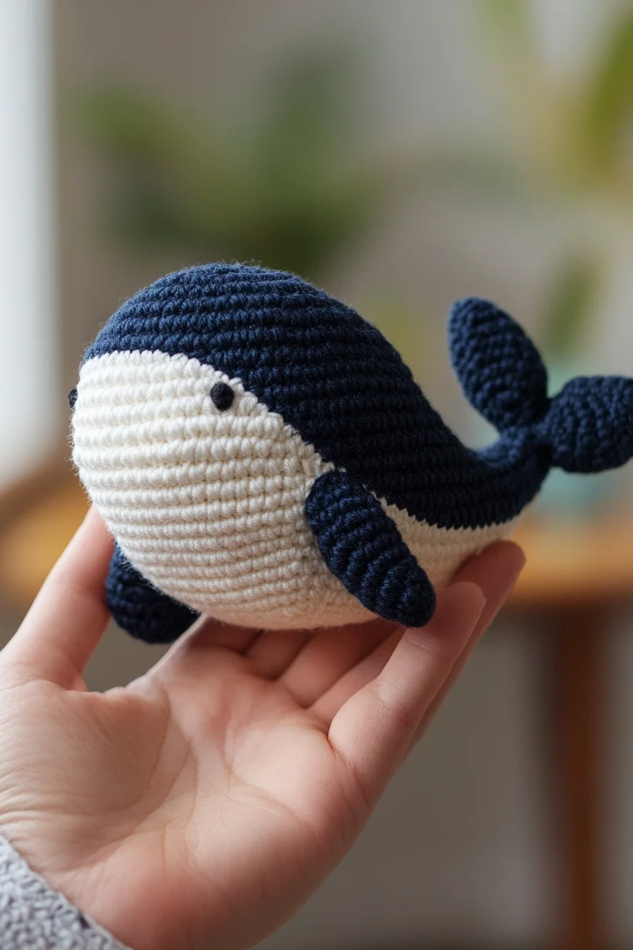 Cute handmade crochet whale amigurumi in blue yarn, perfect for ocean-themed amigurumi patterns and kawaii crochet ideas