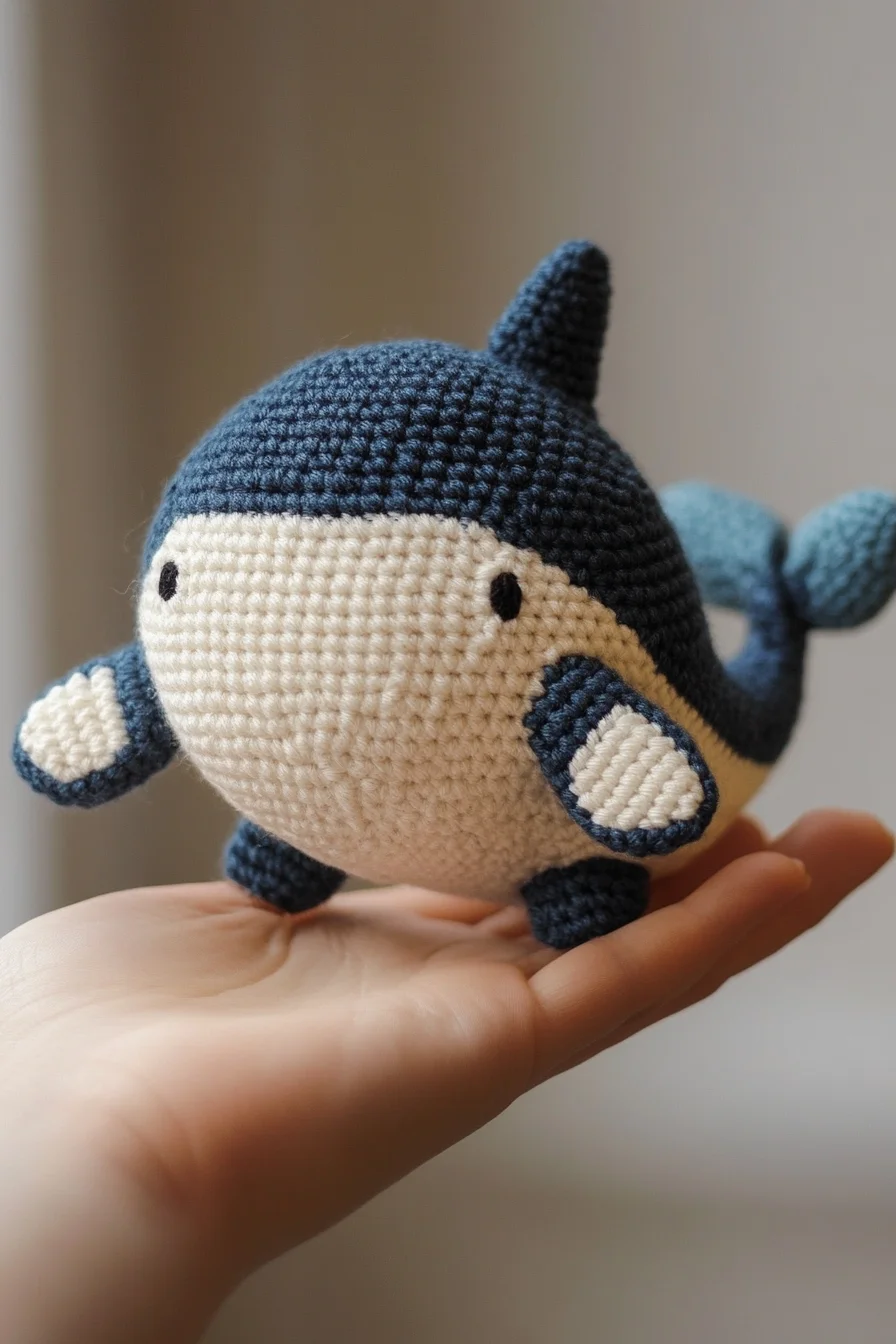 Cute amigurumi crochet whale in blue yarn with white belly, handmade ocean-themed toy, kawaii crochet animal pattern
