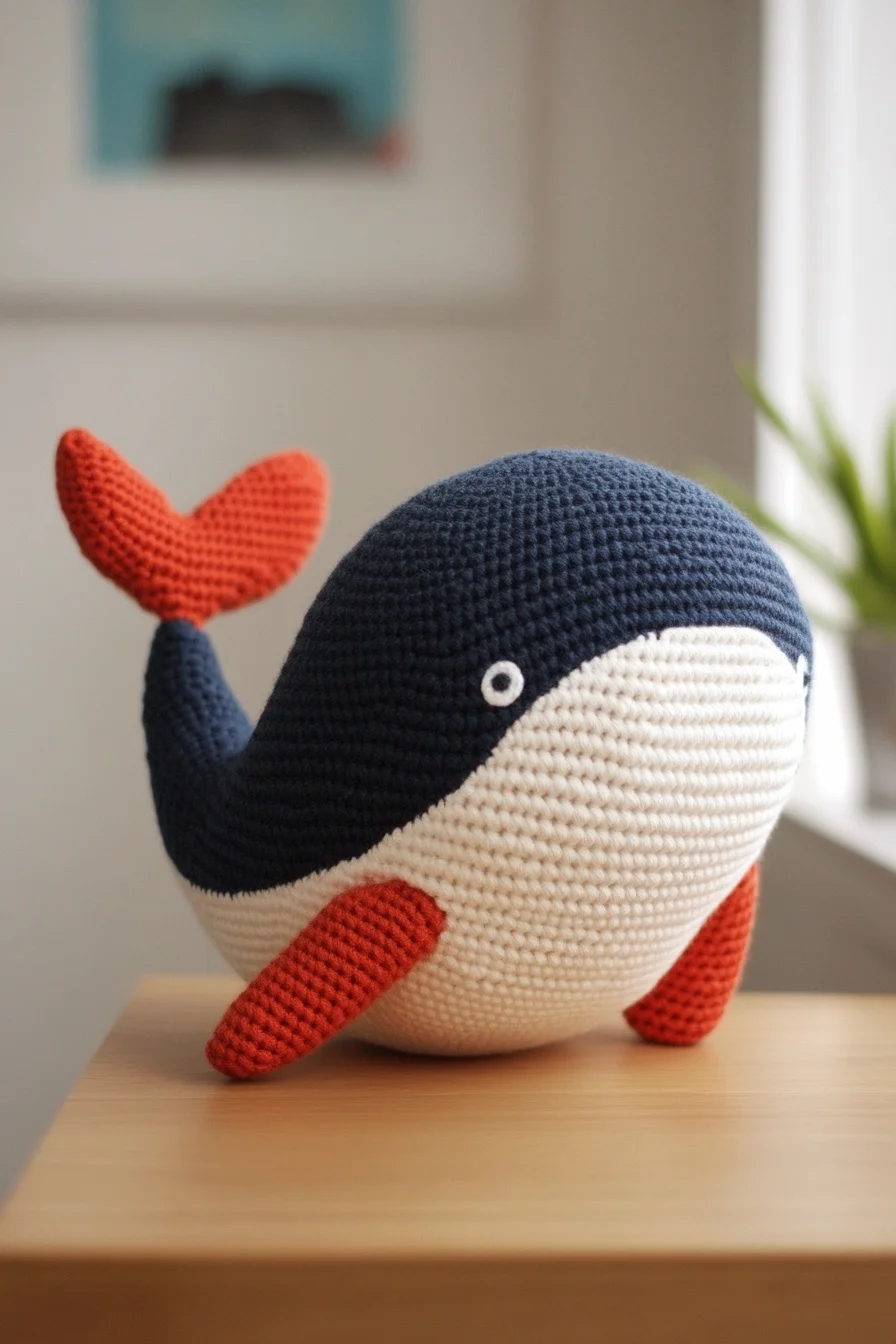 Cute handmade crochet whale amigurumi in blue and white, modern ocean-themed amigurumi pattern for beginners