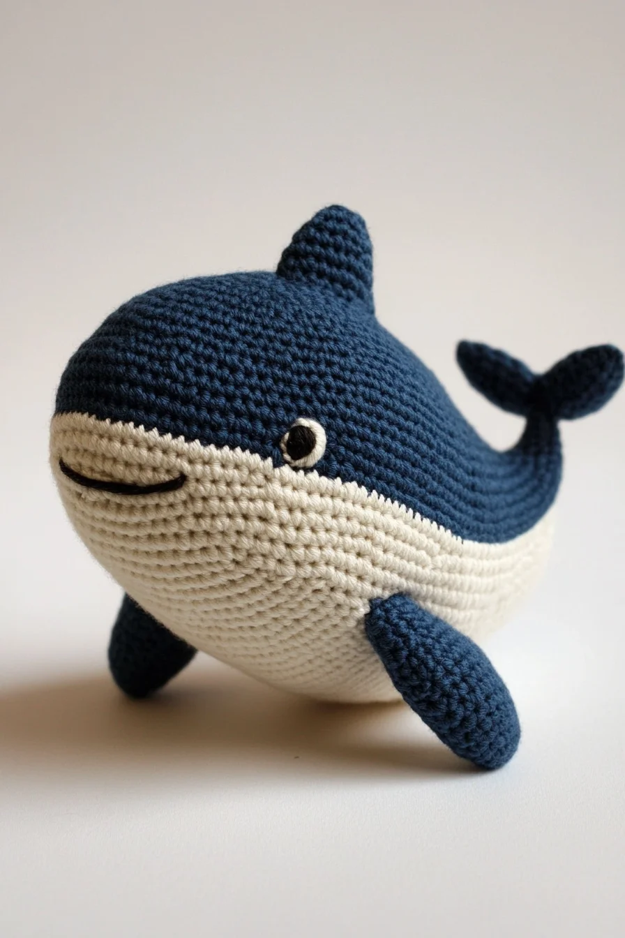 Cute blue crochet whale amigurumi toy on white background, beginner-friendly amigurumi pattern for handmade crafts