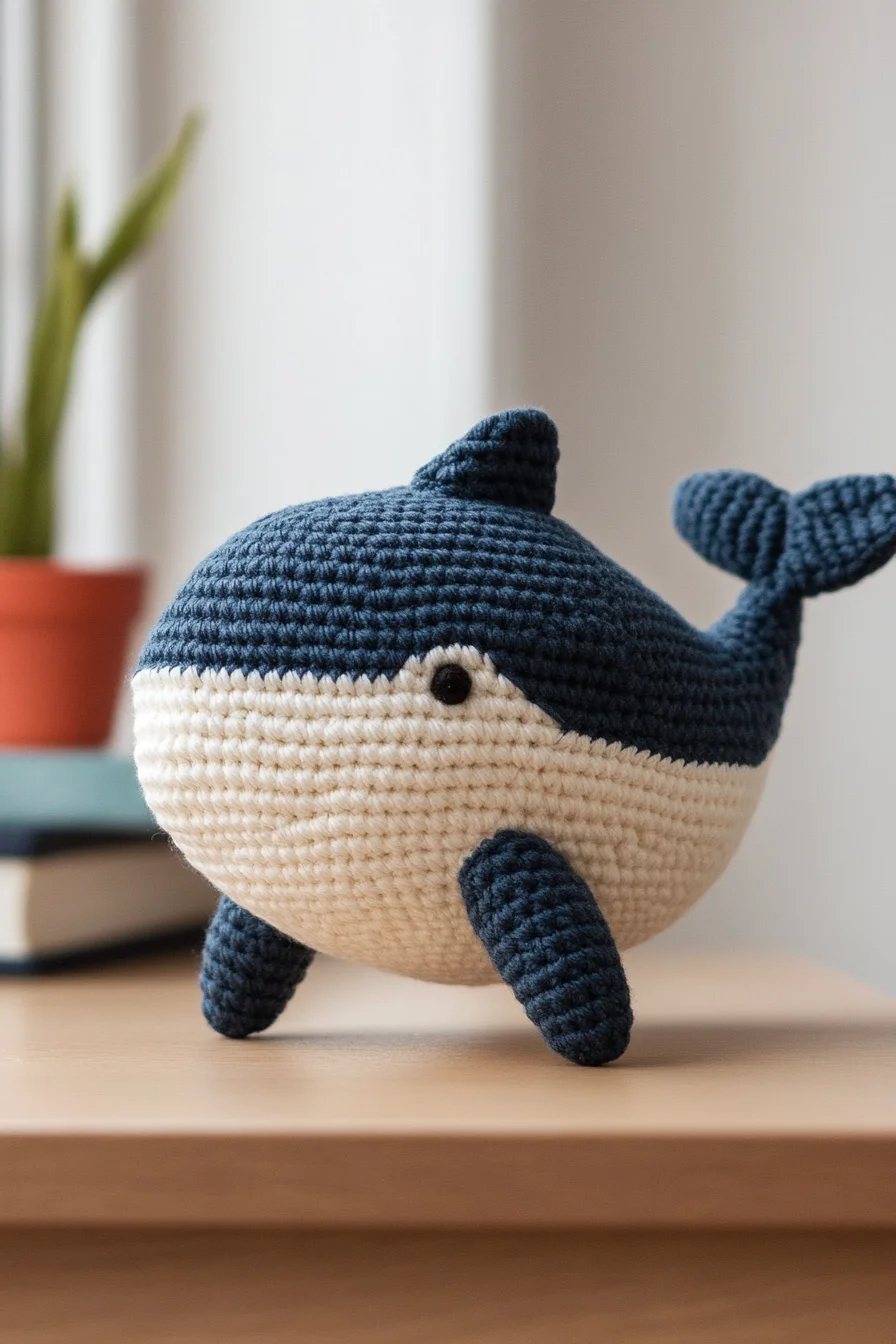 Cute blue crochet whale amigurumi with white belly and tiny fins, handmade toy pattern for crochet animals