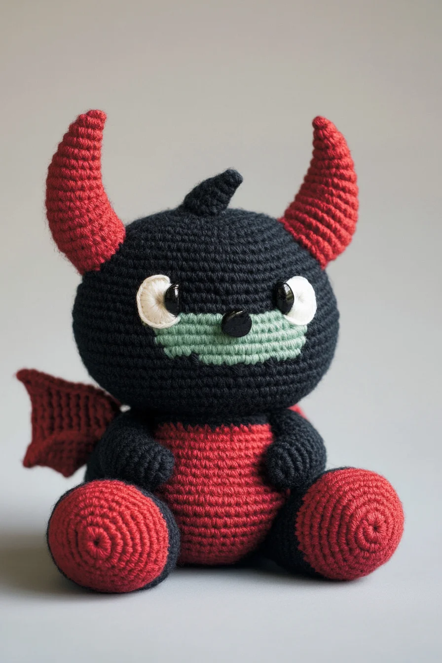 Handmade cute devil amigurumi toy in red and black yarn, featuring small horns and tail, crochet pattern for kawaii crochet a