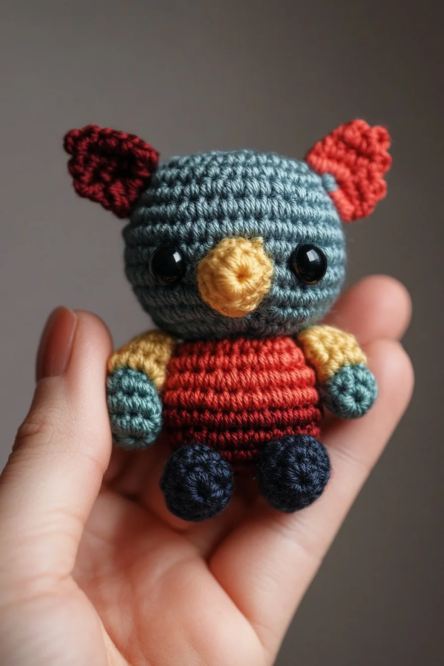 Cute handmade amigurumi owl in purple and yellow yarn, featuring big eyes and wings, perfect beginner crochet pattern