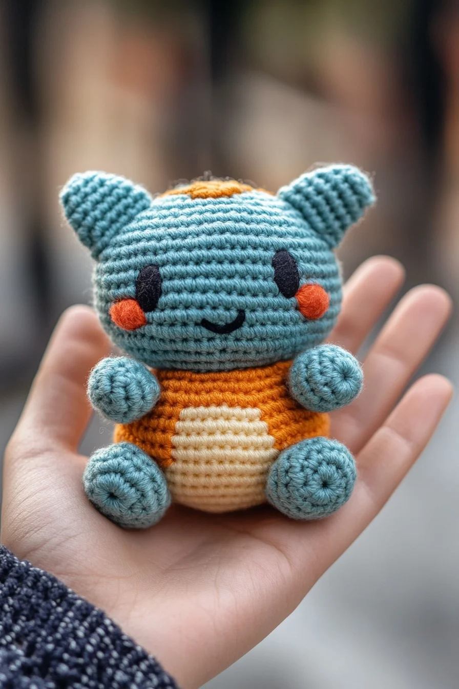 Kawaii amigurumi plushie in pastel yarn, handmade crochet animal toy with cute embroidered face