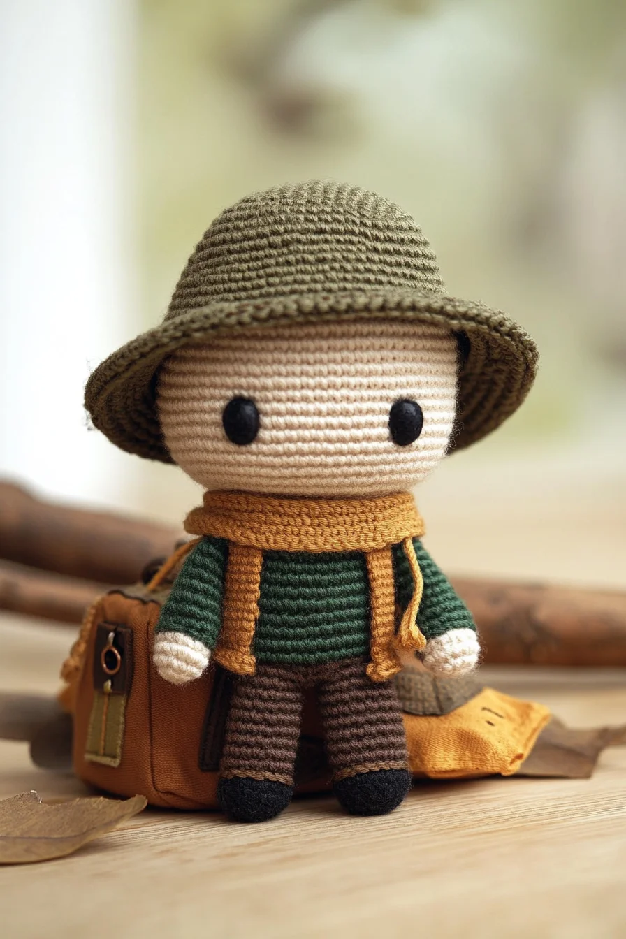 Adorable explorer amigurumi doll with brown hair, crochet hat, and backpack—handmade toy crochet pattern inspiration