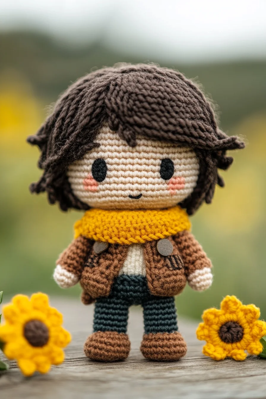 Cute fall amigurumi doll with brown hair, orange scarf, and crochet dress, handmade toy pattern idea