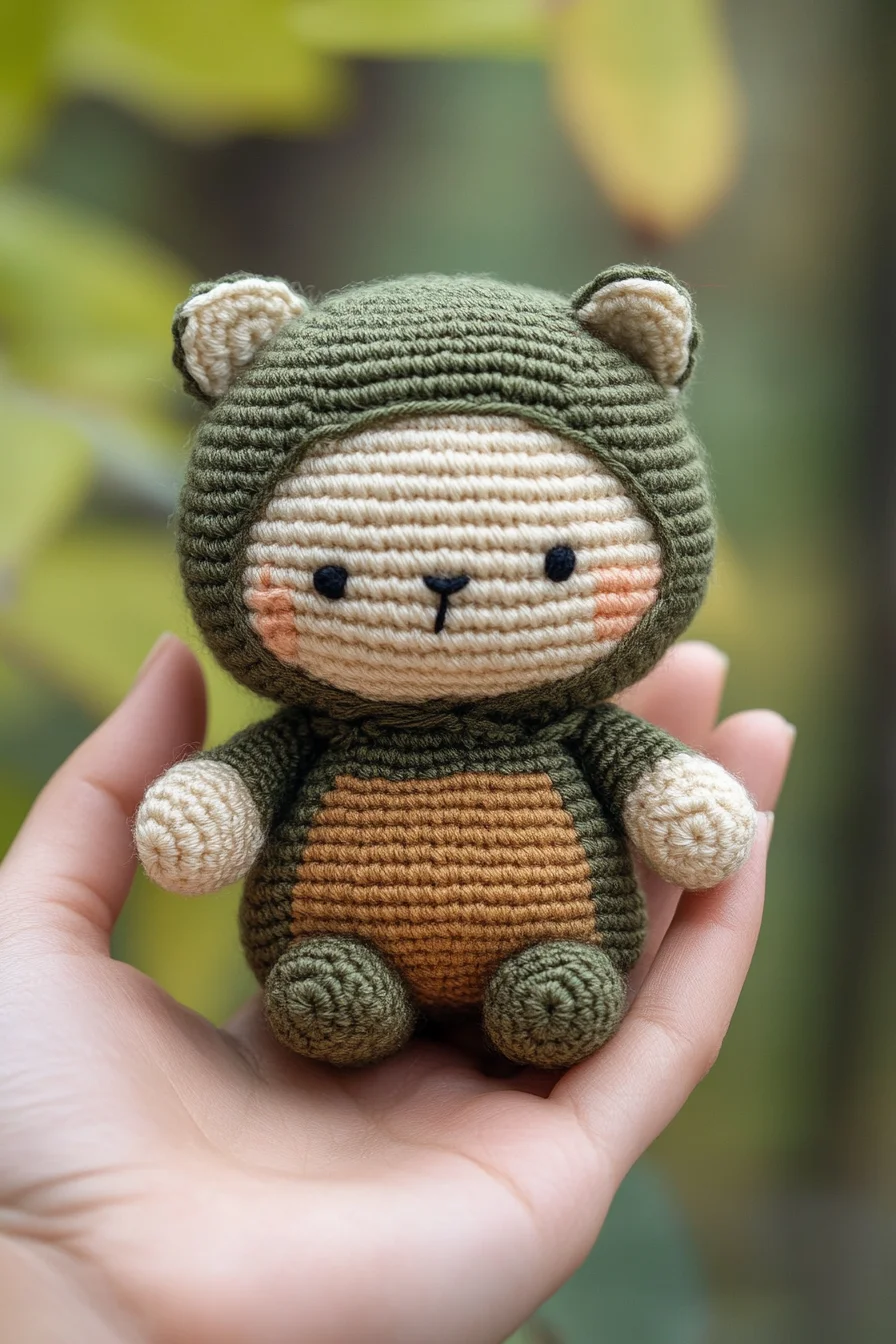 Cute forest bear amigurumi plushie in brown yarn, handmade crochet animal toy, kawaii crochet pattern