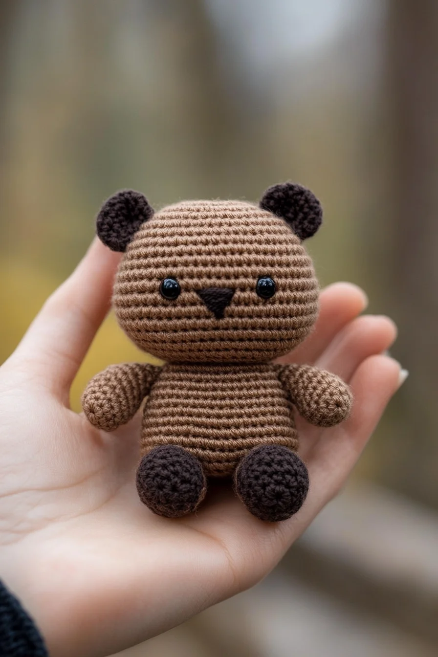 Mini crochet bear amigurumi in light brown yarn with embroidered face, handmade toy pattern, kawaii crochet animal