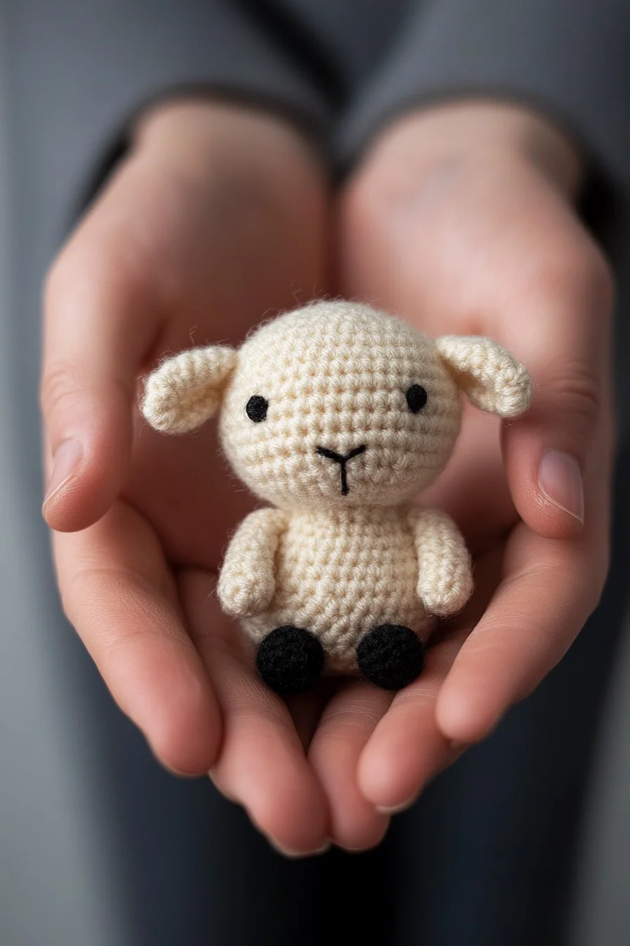 Cute handmade amigurumi crochet lamb in white and beige yarn, perfect beginner-friendly pattern for kawaii stuffed toy lovers