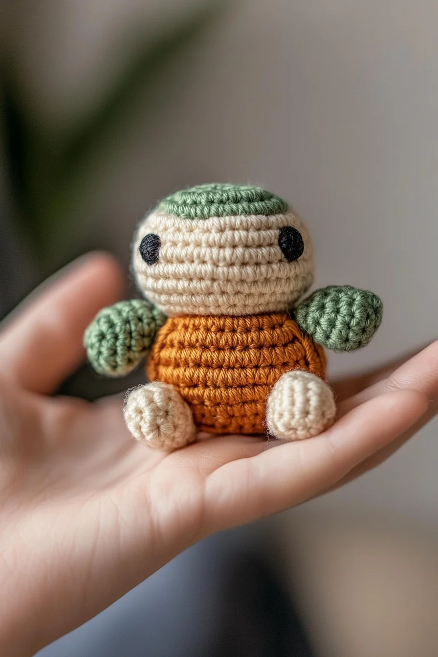 Mini crochet amigurumi turtle in green and beige yarn, handmade cute toy from easy amigurumi pattern