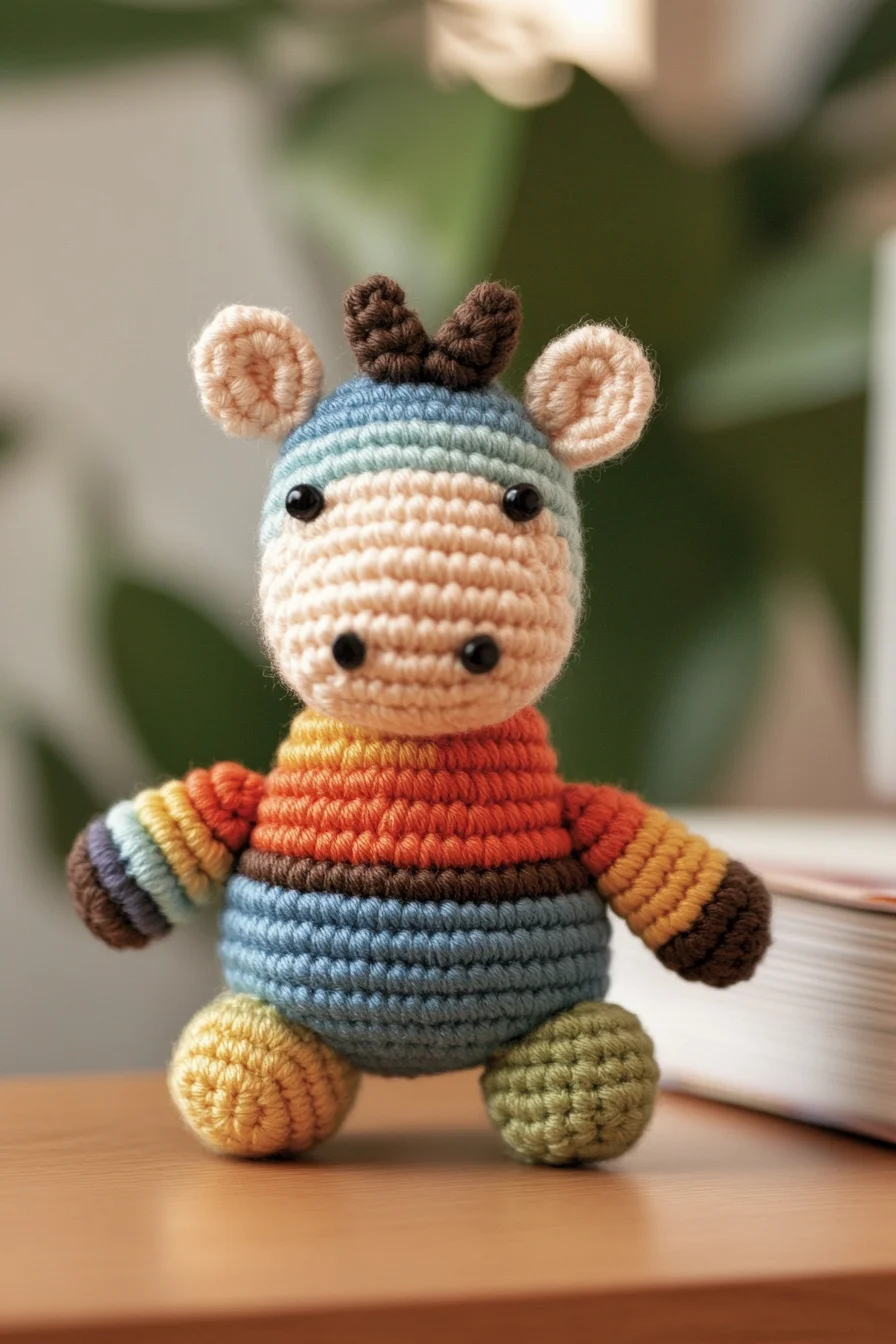 Colorful rainbow amigurumi zebra crochet toy with striped body and kawaii face, handmade animal craft inspiration
