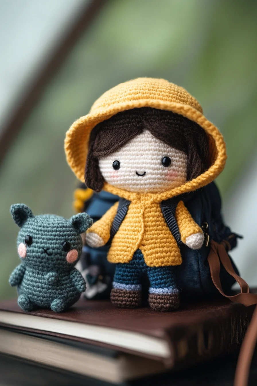 Cute handmade amigurumi doll in yellow raincoat with tiny crochet pet, perfect for rainy day crochet inspiration