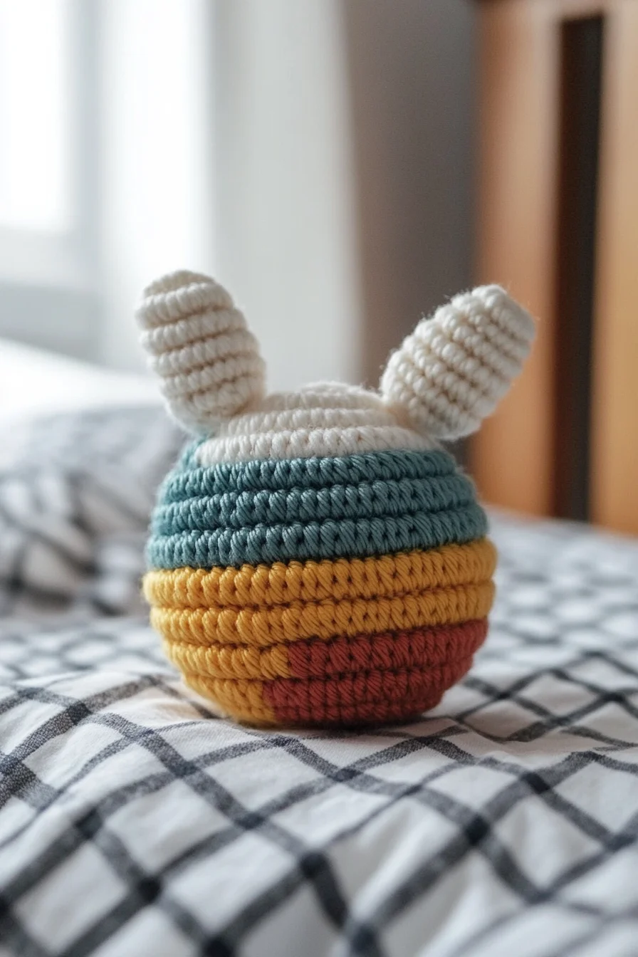 Cute striped amigurumi bunny ball in pastel crochet yarn, handmade kawaii crochet animal toy, amigurumi pattern idea