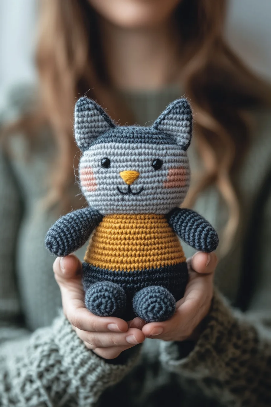 Handmade striped cat amigurumi plush in pastel colors, cute crochet animal toy, kawaii crochet pattern