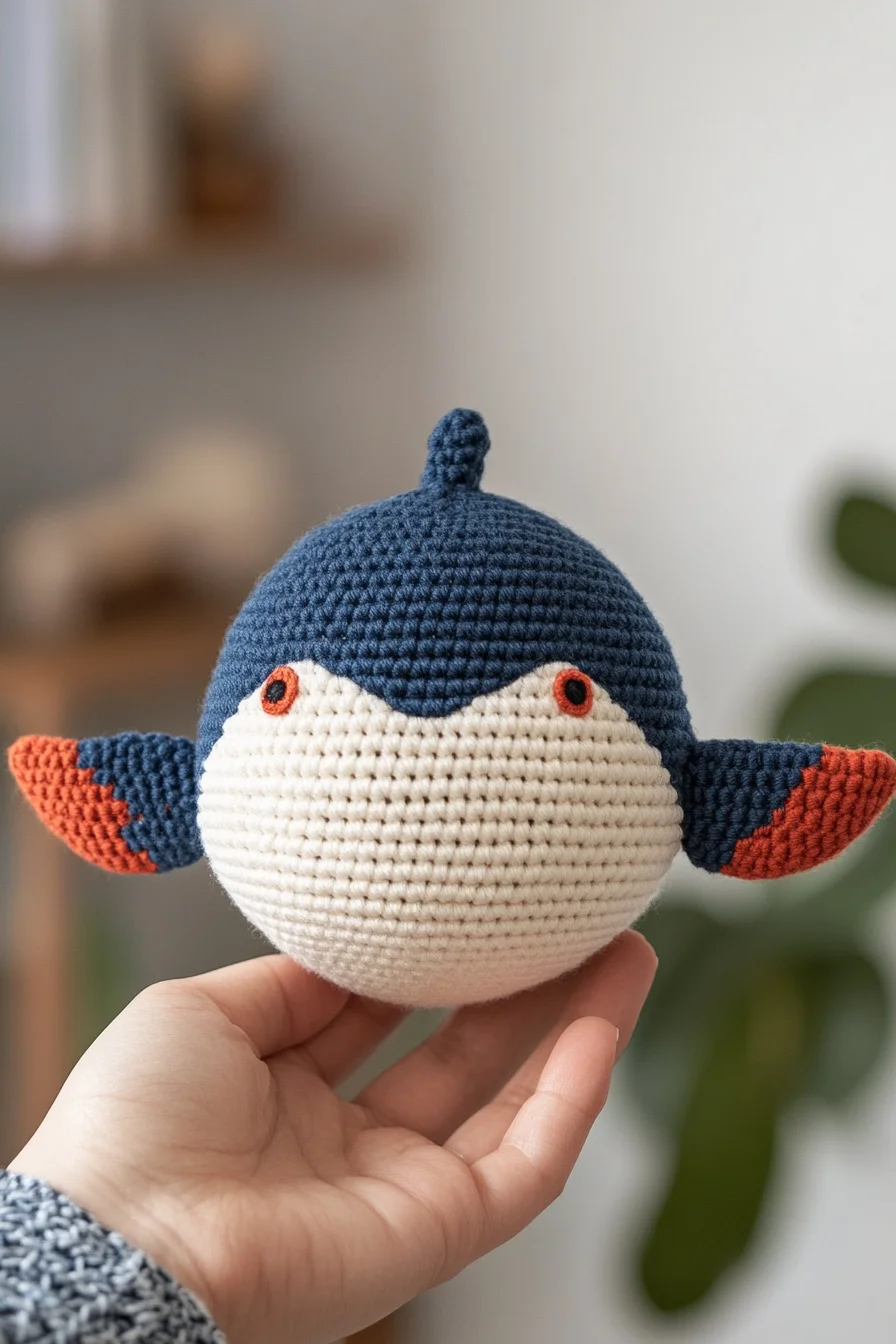 Cute handmade blue whale amigurumi toy with white belly, finished crochet design, perfect for ocean-themed crochet pattern id