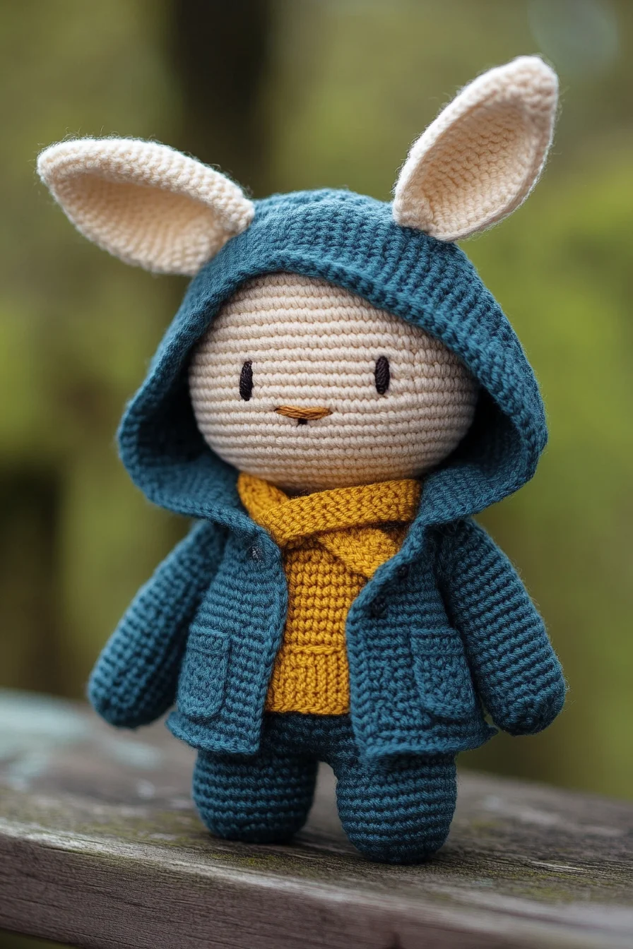 Cute amigurumi bunny in a cozy crocheted hoodie, handmade crochet animal toy, kawaii crochet pattern idea