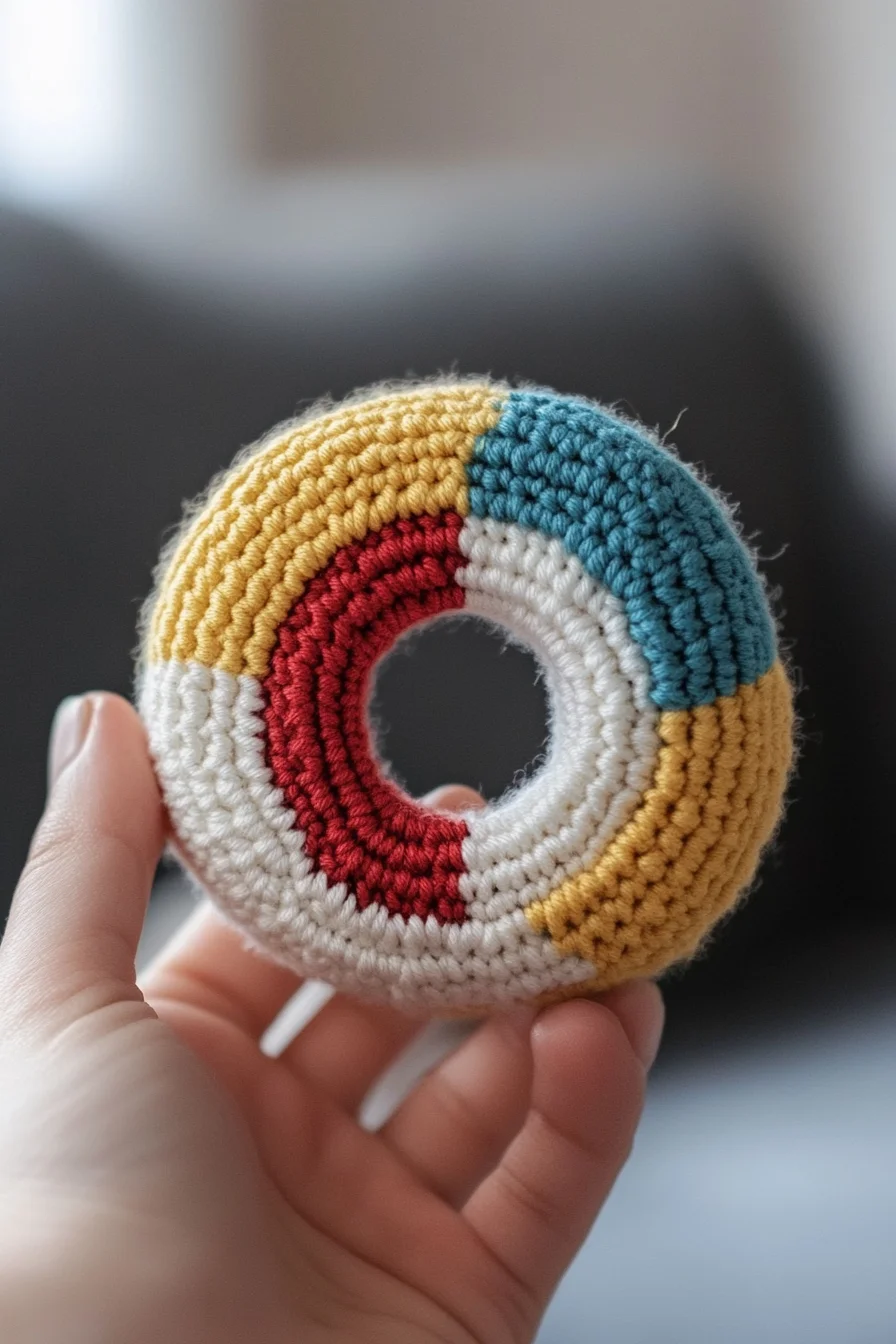 Colorful amigurumi donut with rainbow sprinkles, easy crochet pattern for cute handmade toy, kawaii crochet idea