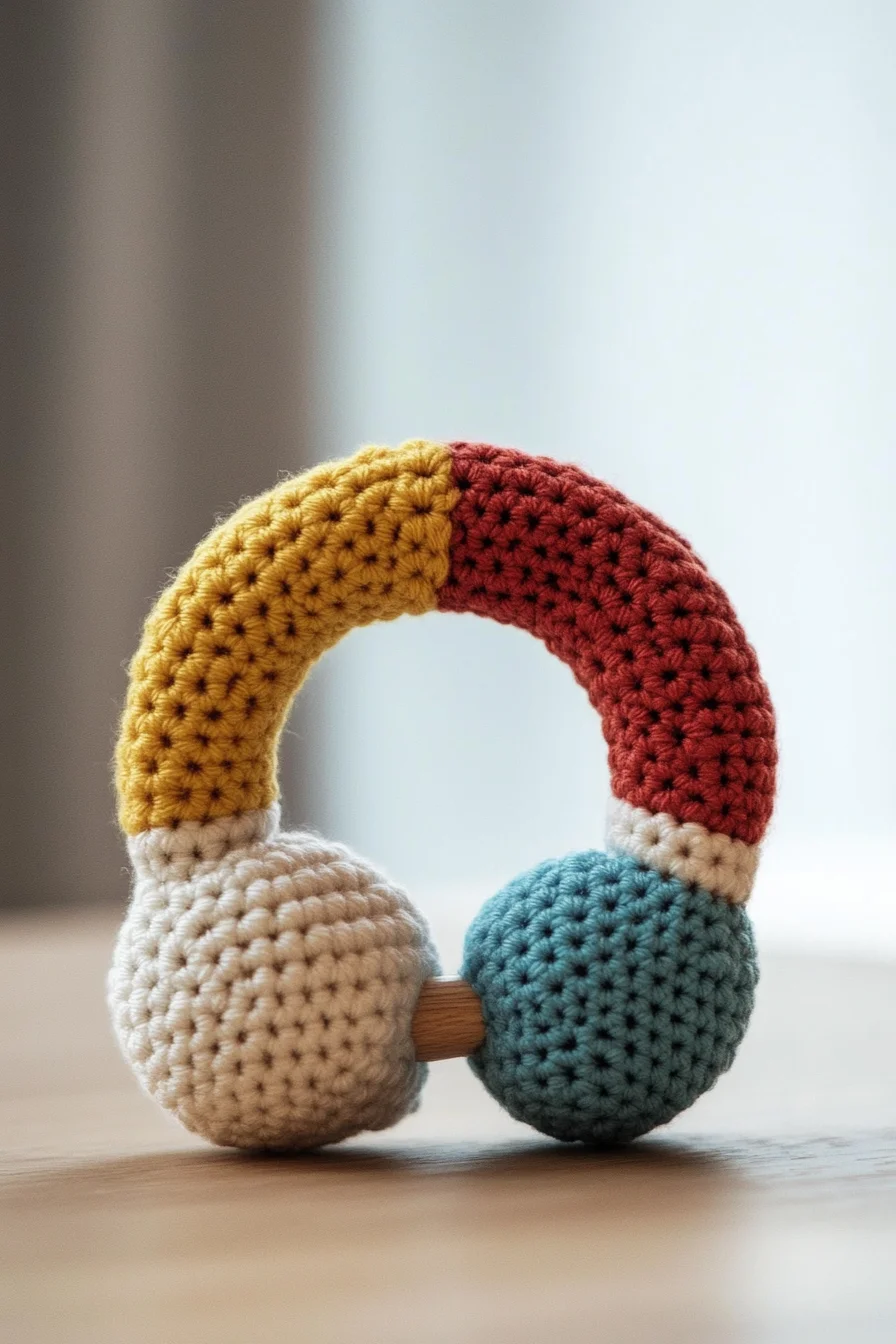 Colorful crochet amigurumi baby rattle featuring rainbow stripes, handmade toy inspiration for cute amigurumi patterns