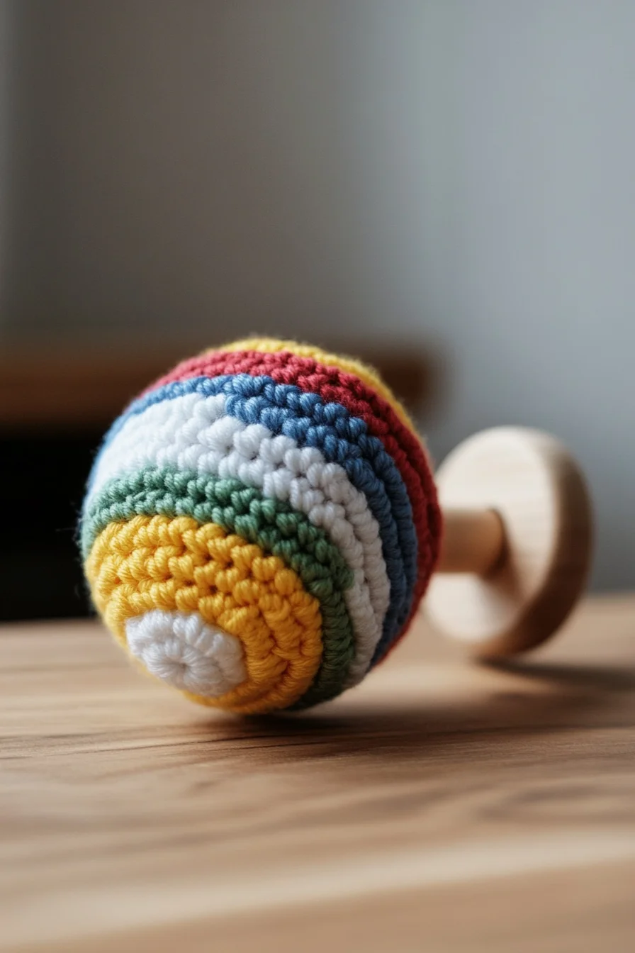 Handmade colorful crochet amigurumi baby rattle with rainbow stripes, perfect for cute amigurumi pattern inspiration