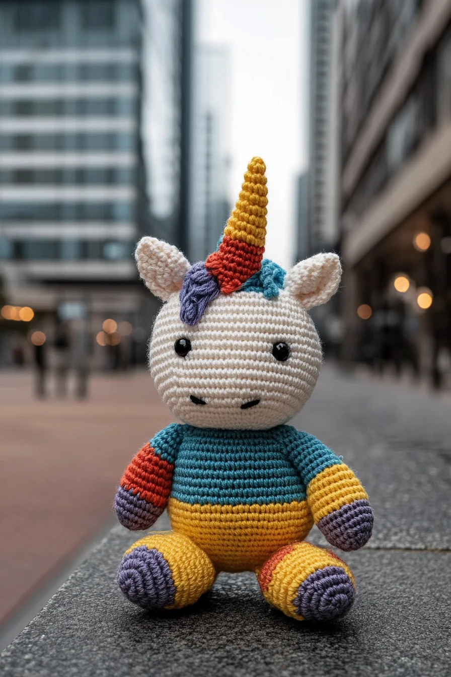 Colorful crochet unicorn amigurumi toy with rainbow mane and horn, perfect for cute amigurumi pattern ideas