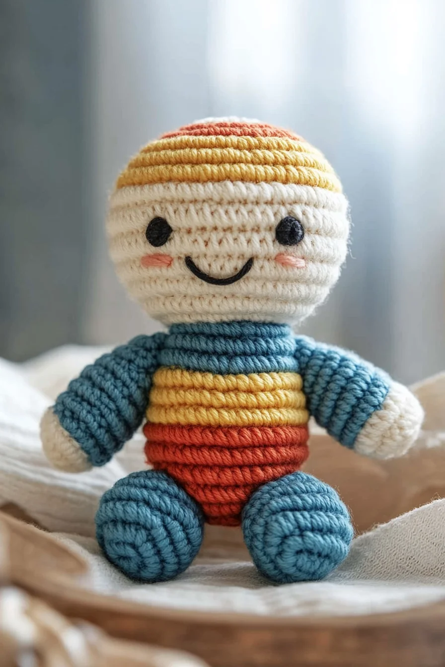 Colorful striped amigurumi doll with pastel crochet patterns, handmade kawaii toy for cute crochet inspiration