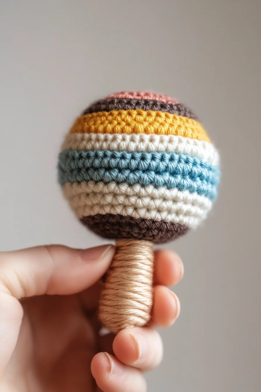 Handmade colorful striped amigurumi crochet rattle toy with cute design, perfect for amigurumi pattern ideas