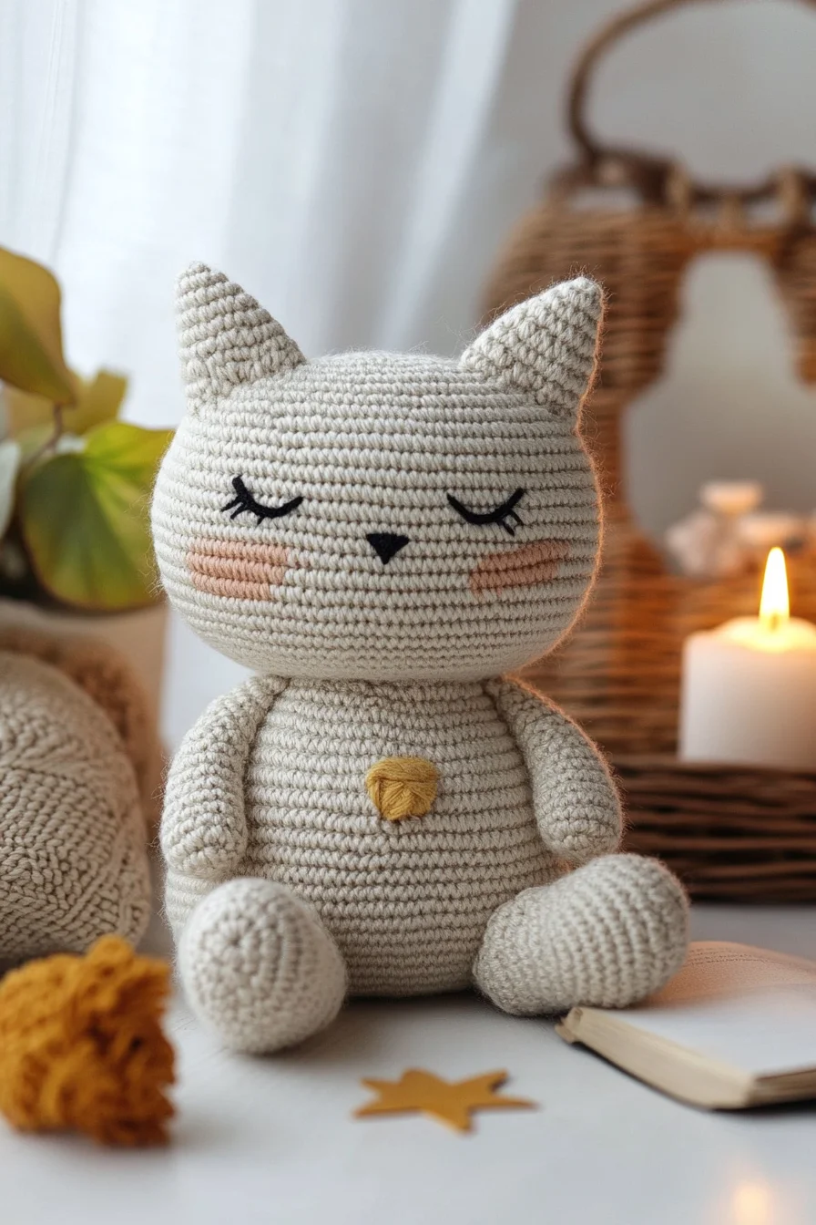 Handmade crochet cat amigurumi in soft neutral colors, perfect for nursery décor or cute amigurumi gift ideas