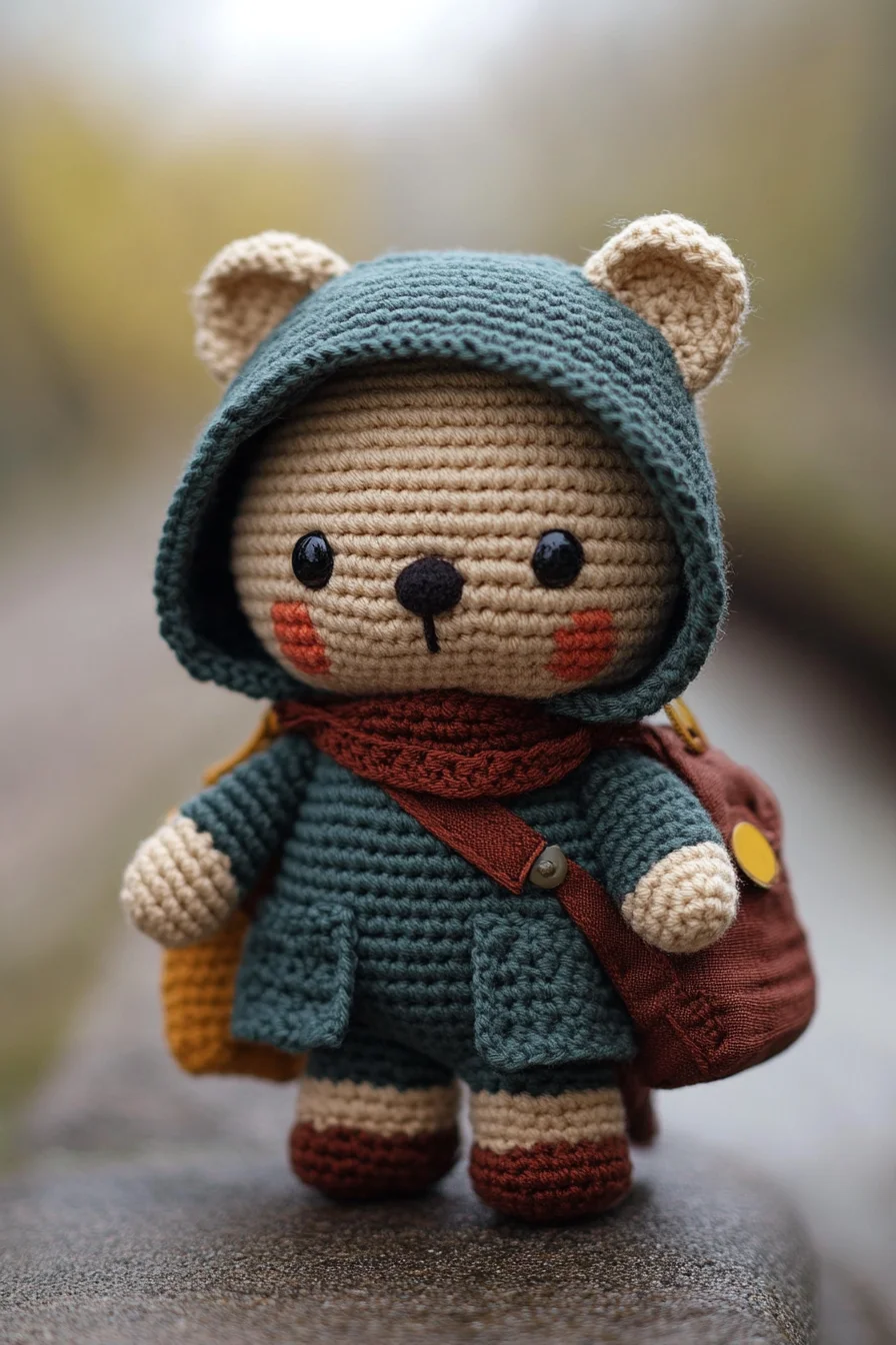 Handmade crochet amigurumi woodland bear in cozy brown yarn, beginner-friendly cute bear pattern
