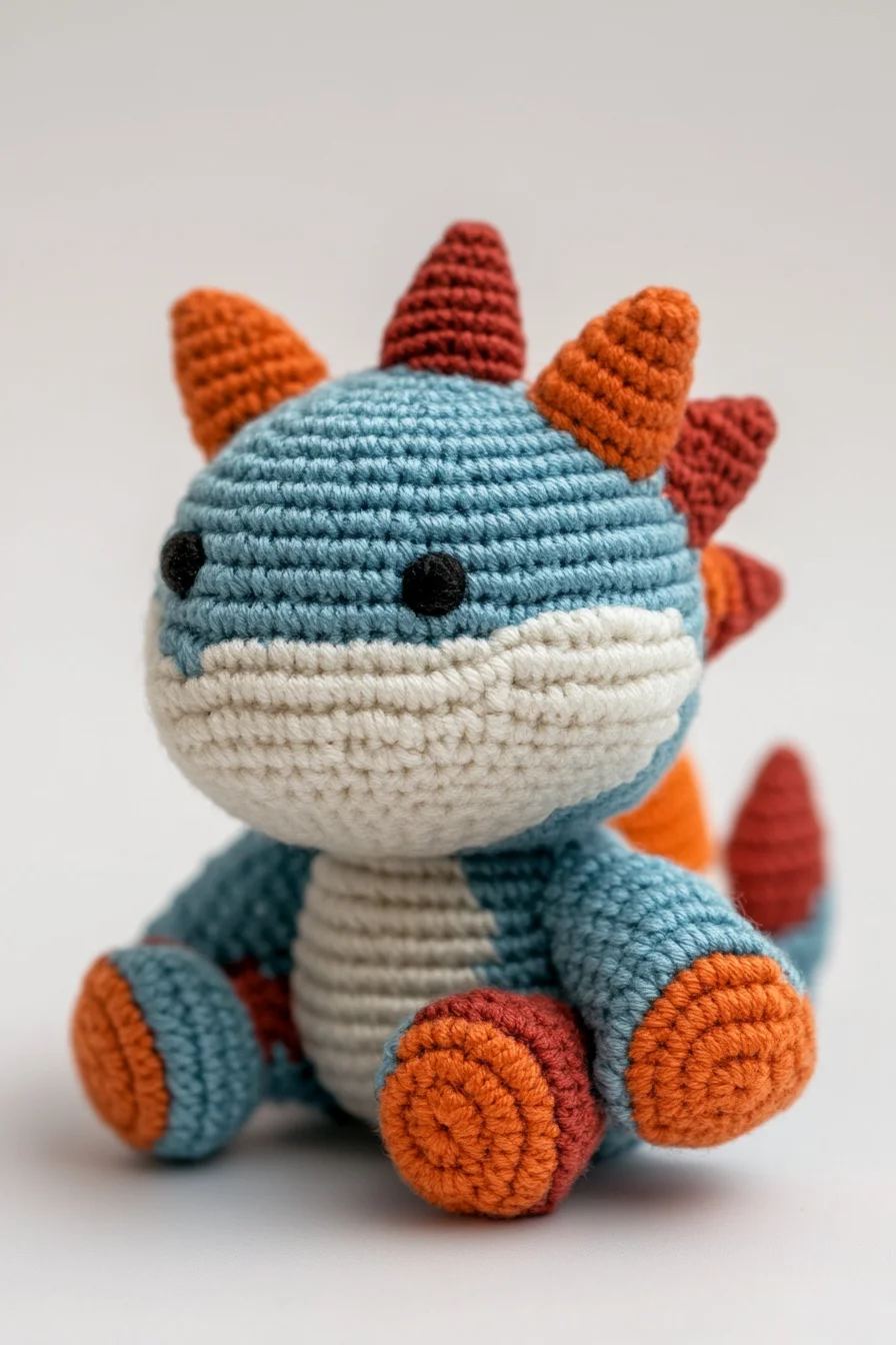 Cute green amigurumi dinosaur with white belly, handmade using beginner-friendly crochet pattern