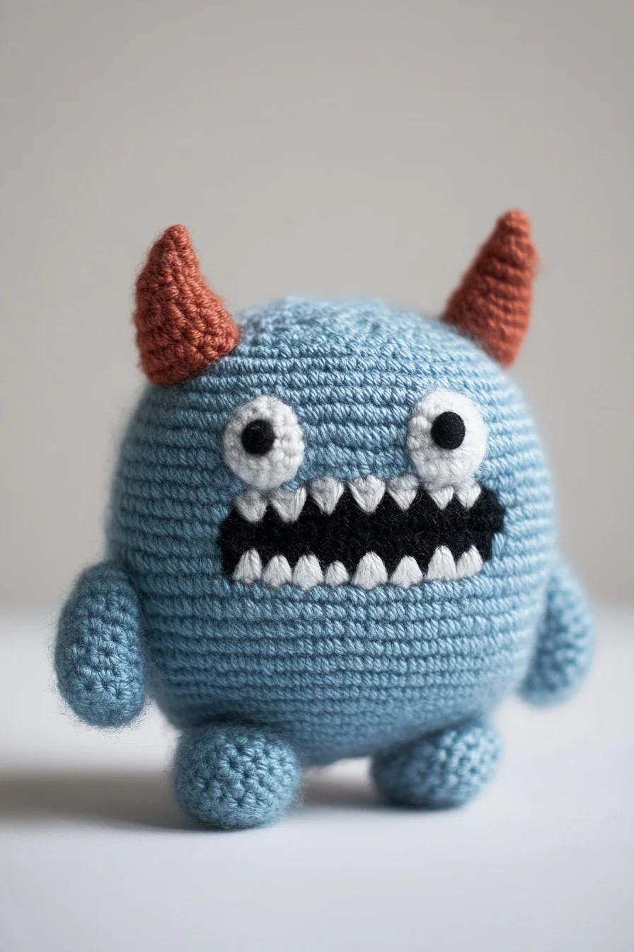 Cute amigurumi monster plushie in bright green and purple yarn, handmade crochet toy pattern inspiration