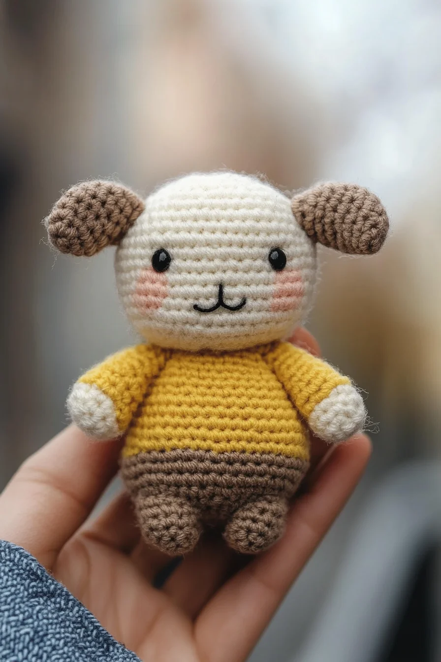 Cute amigurumi puppy crochet pattern featuring a handmade brown and white dog with floppy ears