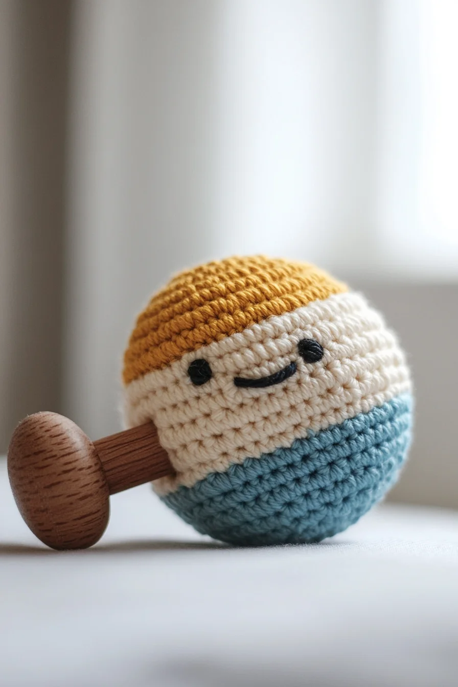 Cute handmade amigurumi rattle toy in pastel colors, easy crochet pattern for beginners, kawaii crochet animal idea