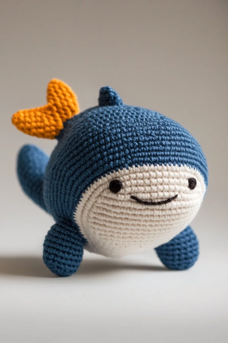 Cute blue amigurumi whale plushie with white belly, handmade crochet toy, beginner-friendly pattern