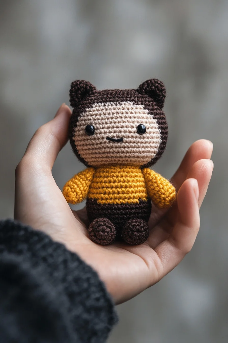 Cute amigurumi crochet bear in light brown yarn with white snout and pink cheeks, handmade toy pattern idea