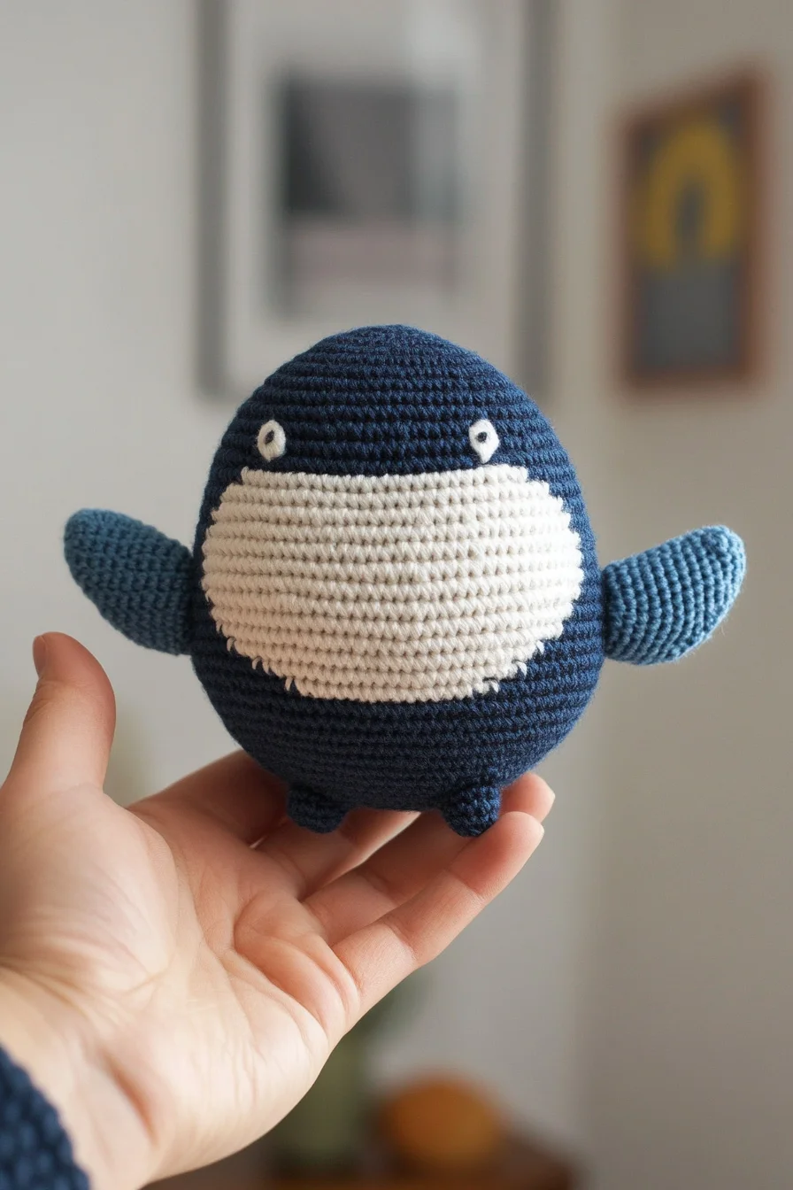 Handmade blue whale amigurumi toy on white background, easy crochet pattern for cute kawaii crochet animals