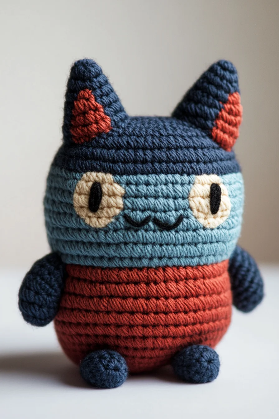 Handmade amigurumi crochet cat in gray and white yarn, cute kawaii animal toy, beginner-friendly pattern
