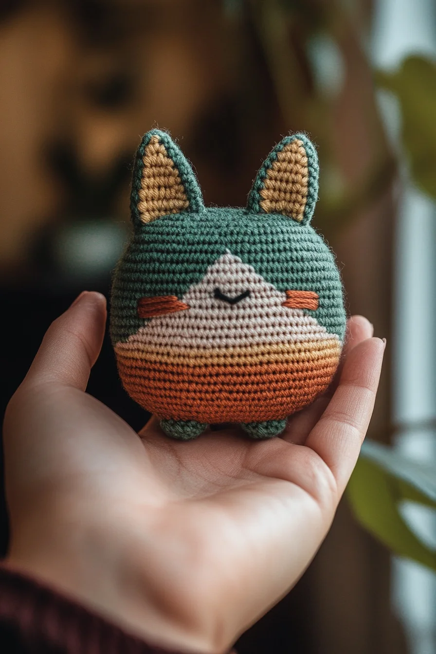 Cute handmade crochet amigurumi cat with pink nose and striped tail, perfect beginner amigurumi pattern