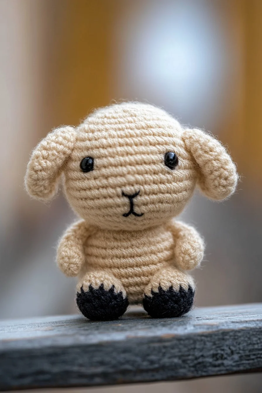 Handmade crochet amigurumi puppy in brown and white yarn with floppy ears, cute face, and detailed stitching, perfect for beg