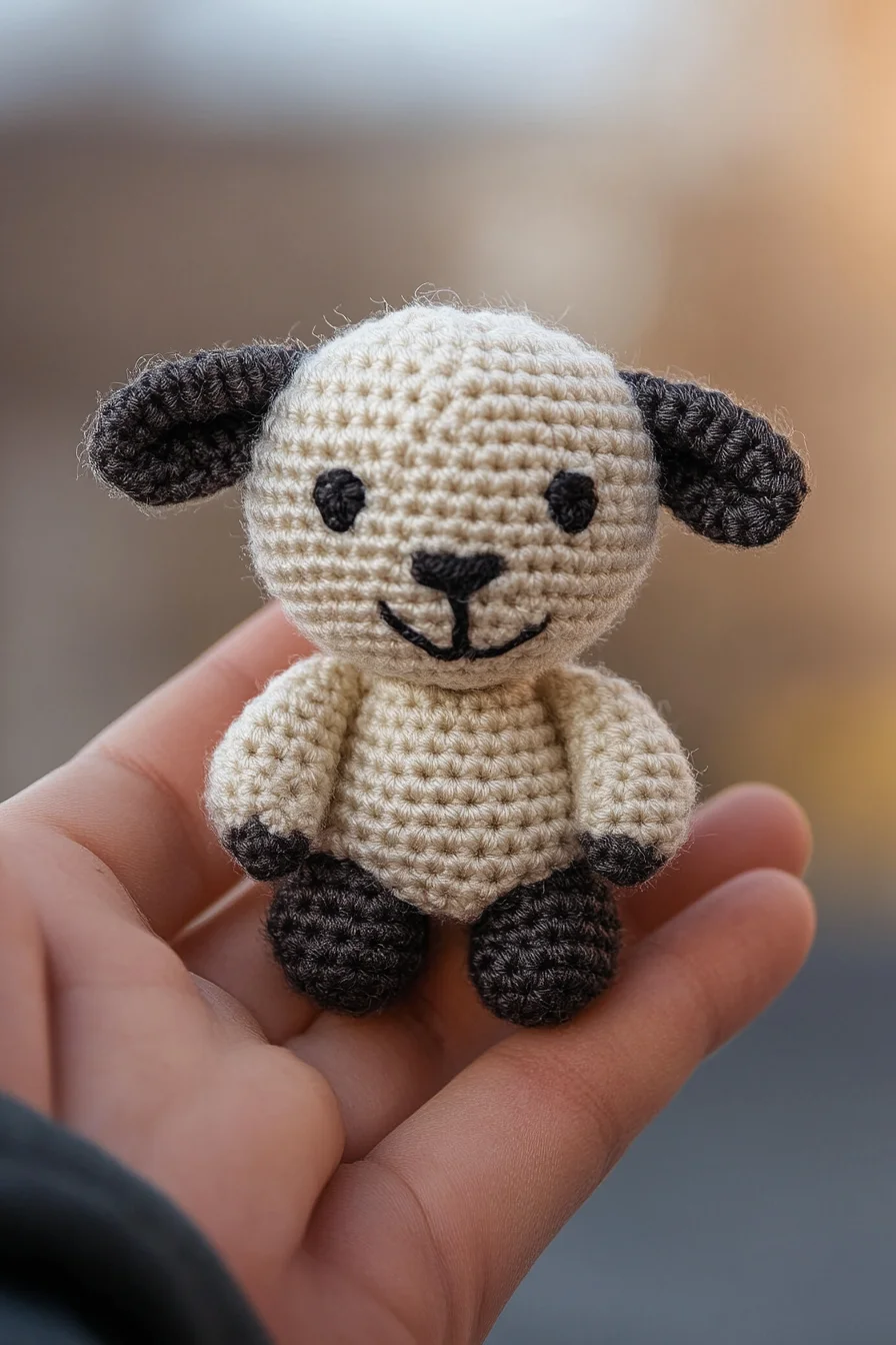 Cute crochet amigurumi sheep with fluffy white body and beige face, beginner-friendly handmade toy pattern