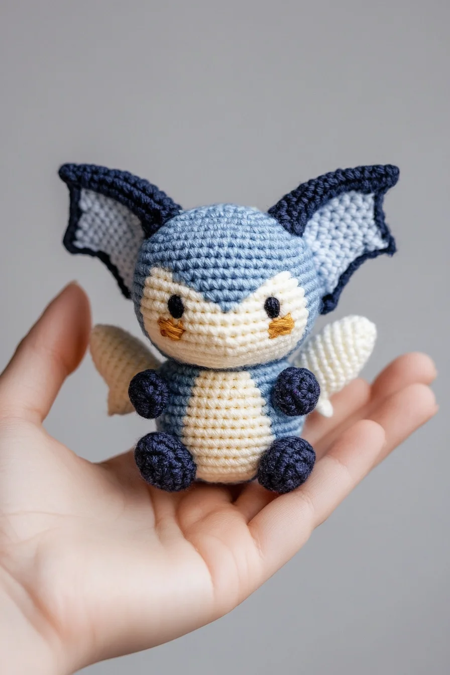 Cute crochet bat amigurumi with tiny wings and fangs, handmade toy pattern for kawaii crochet enthusiasts