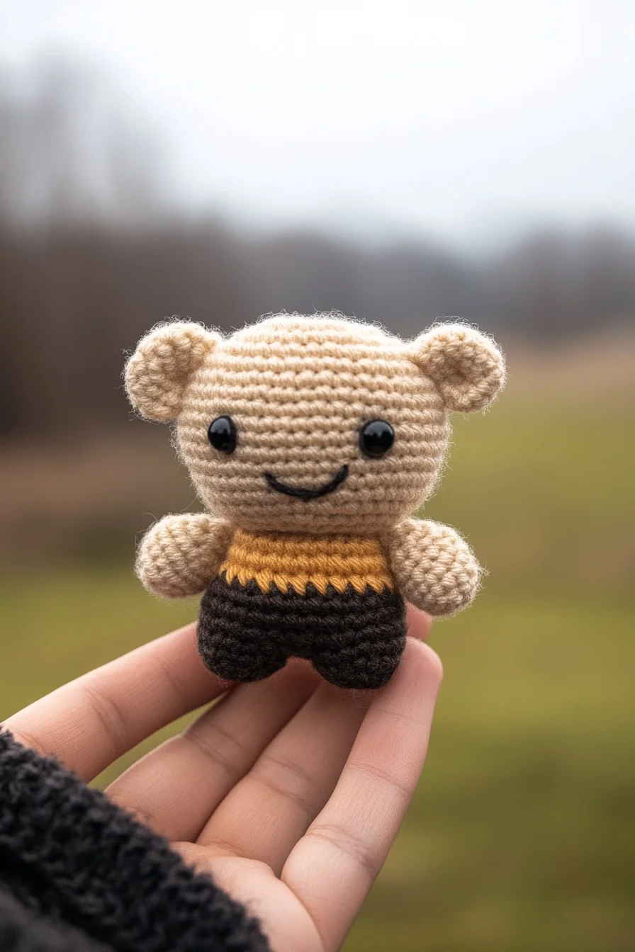 Cute crochet amigurumi bear plushie with tan fur and white snout, handmade toy on white background