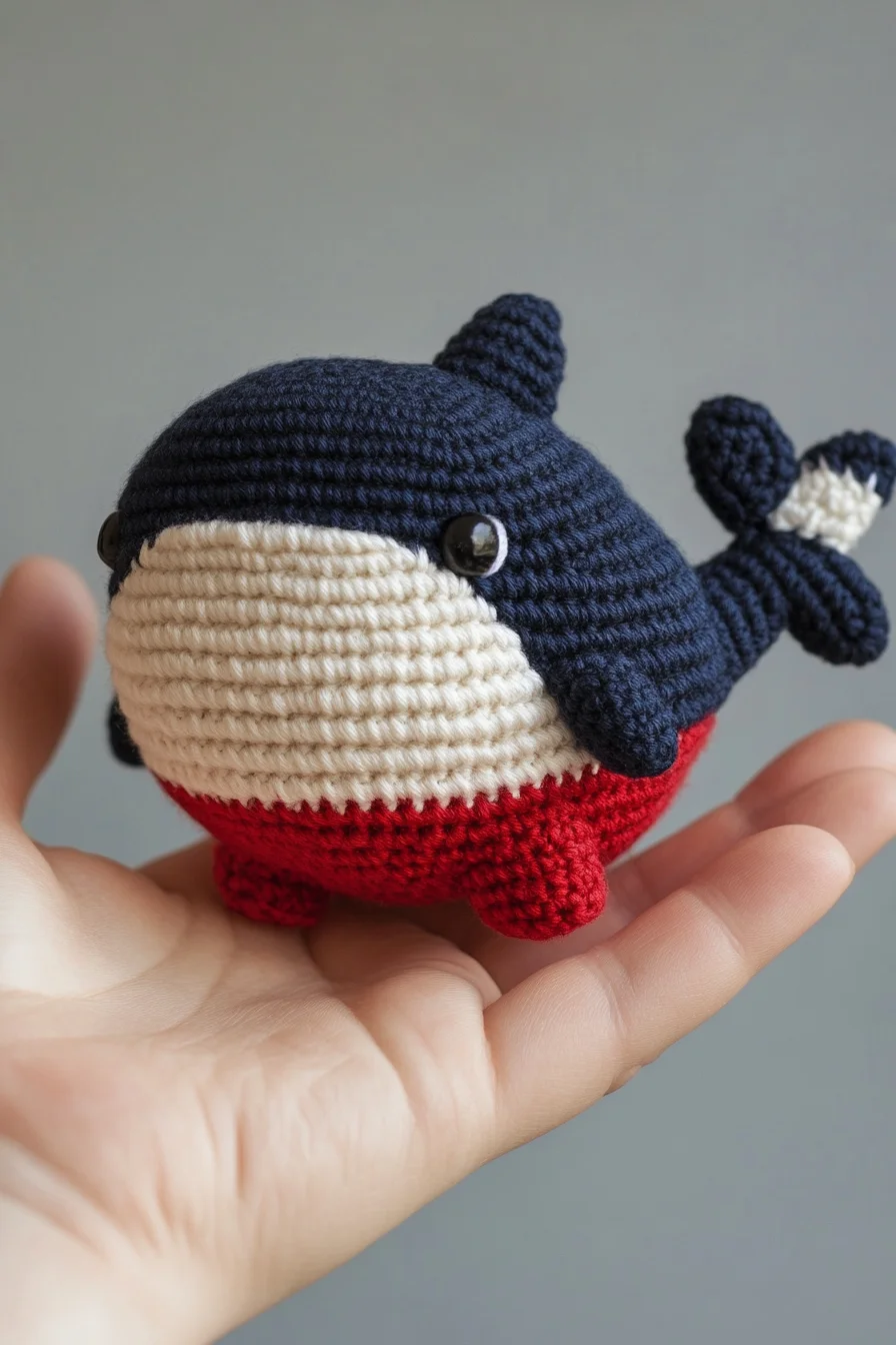 Cute crochet orca whale amigurumi toy in black and white, handmade with beginner-friendly pattern
