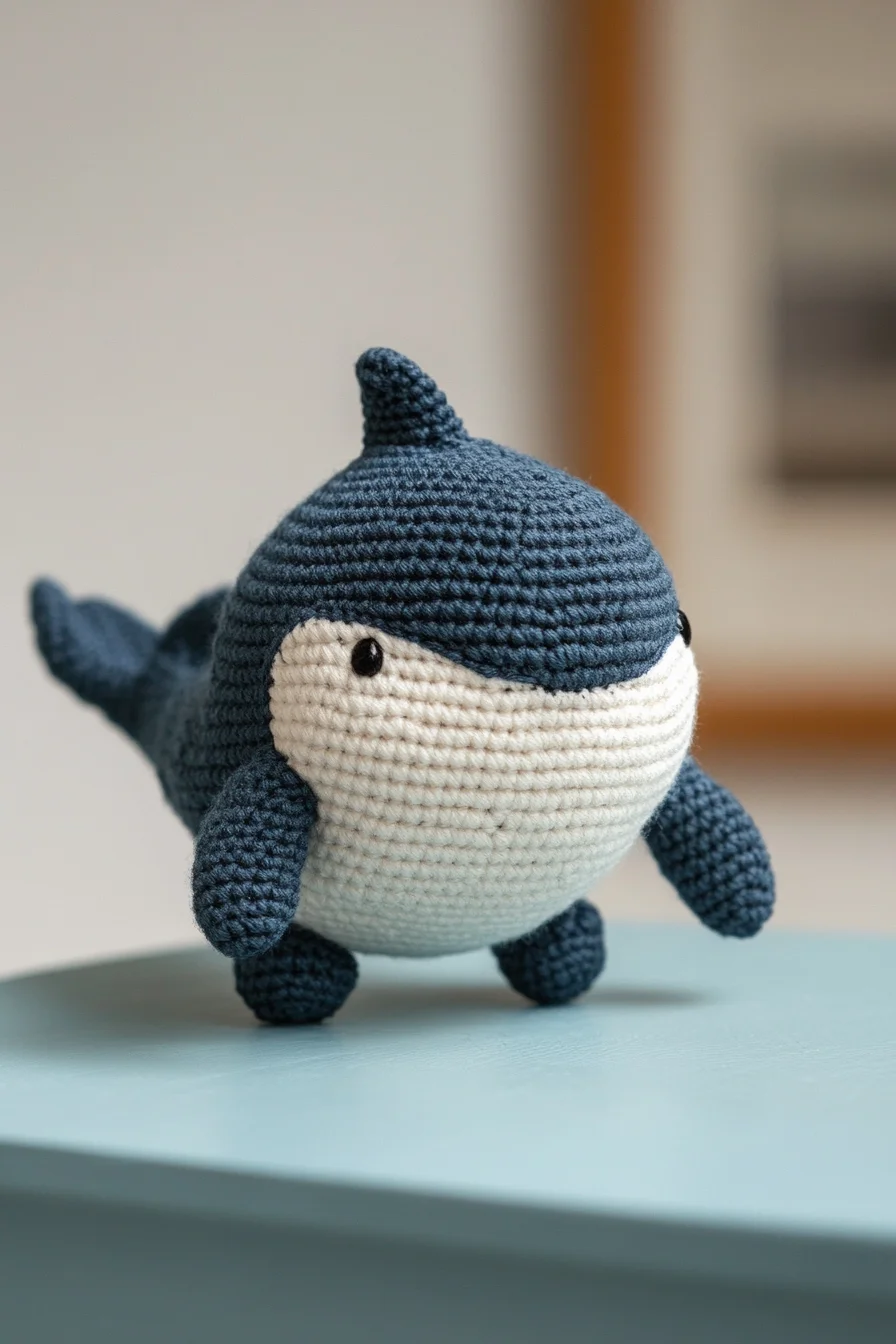 Cute crochet shark amigurumi plush in blue and white yarn, handmade ocean animal toy, kawaii amigurumi design